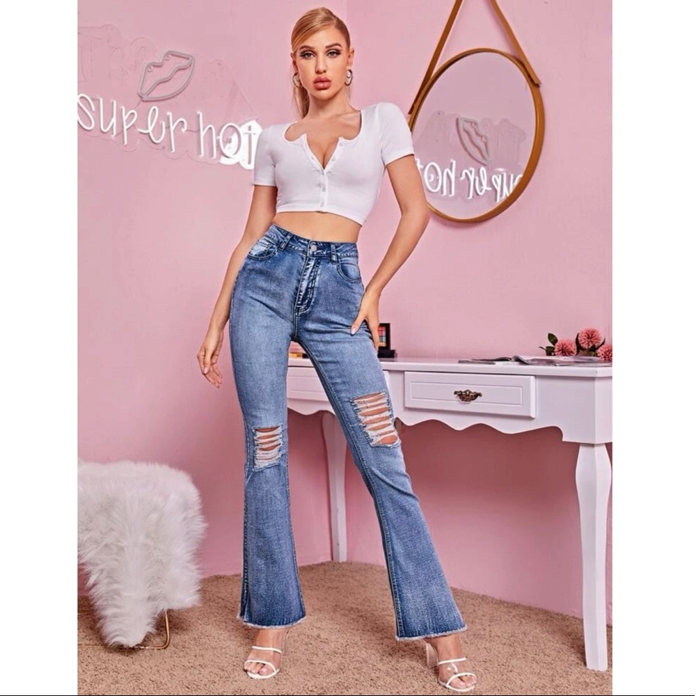 High Waist Ripped Raw Hem Flare Leg Jeans! - Picture 2 of 6